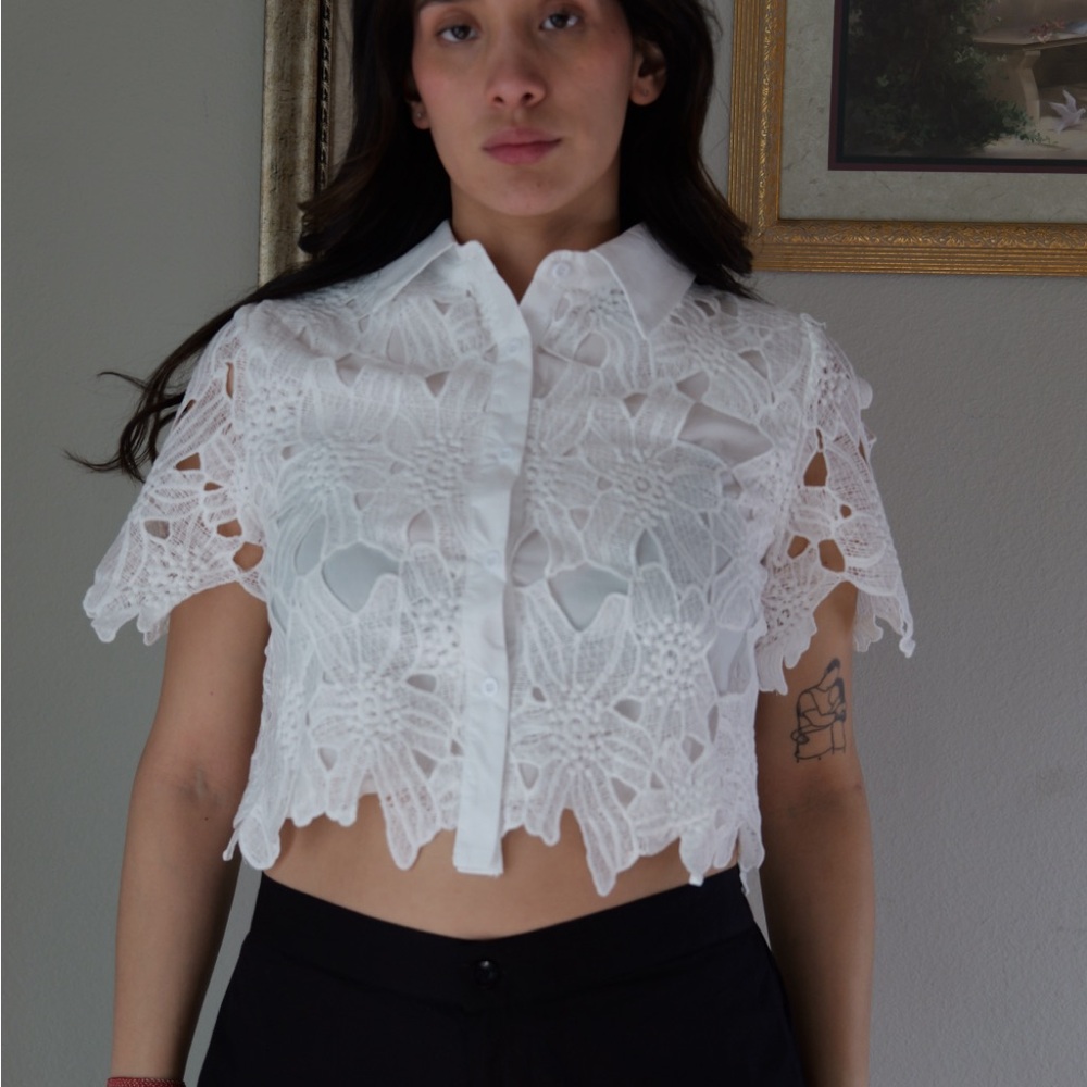 Rosa Clothing White Floral Lace Hollow Out Cropped Button Down Shirt
